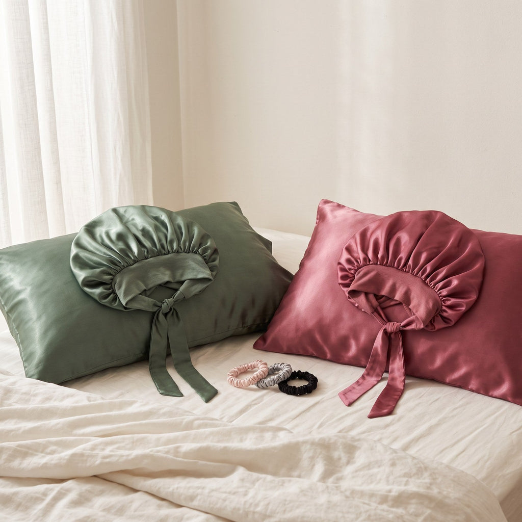 Both night kits on a made bed in morning light, each satin bonnet on its satin pillowcase.