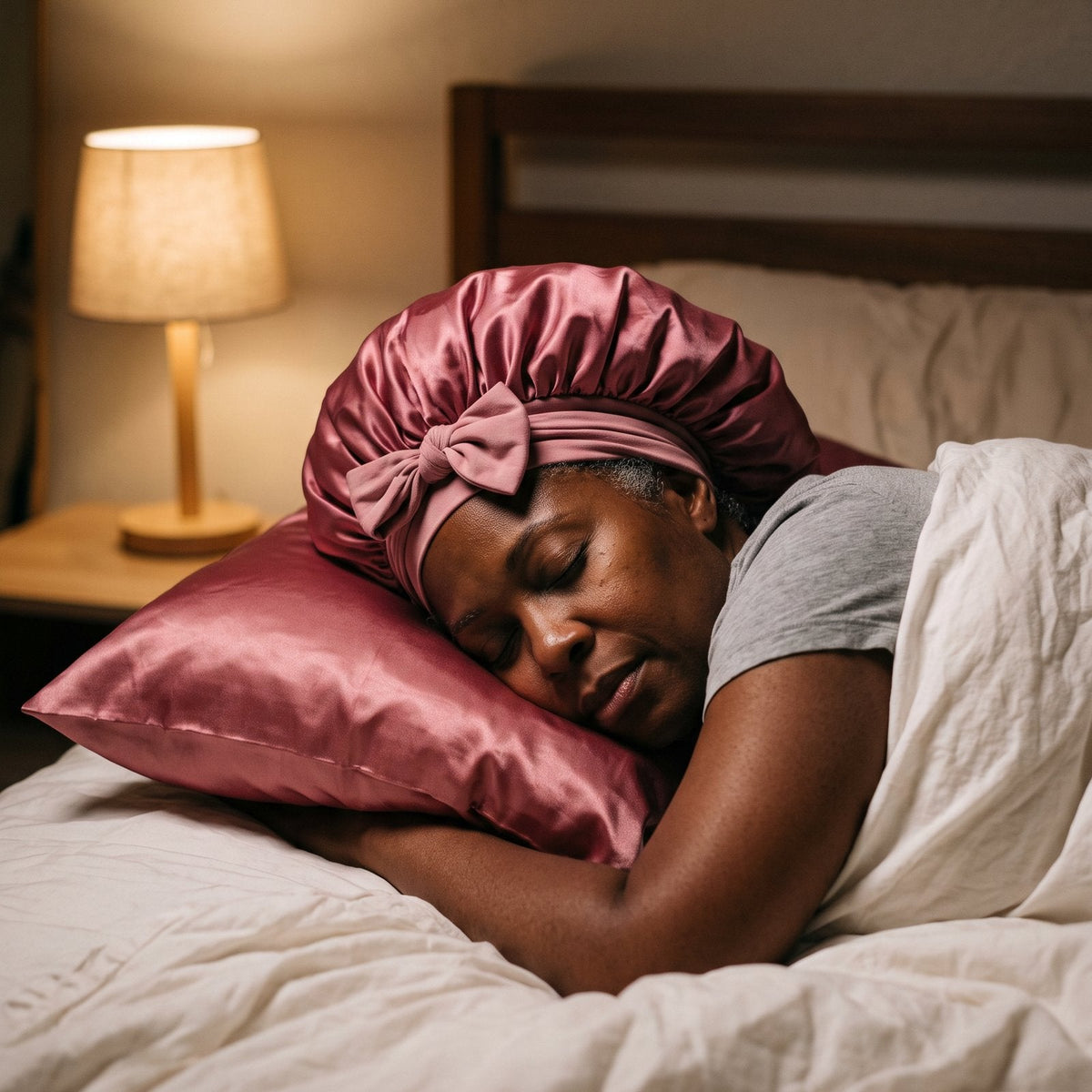 A woman with 4a coils sleeps in the satin bonnet on a satin pillowcase by lamp light.