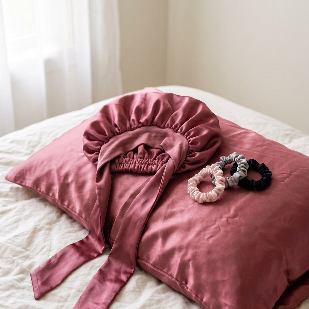 The untied satin bonnet and satin scrunchies on a satin pillowcase in morning light.