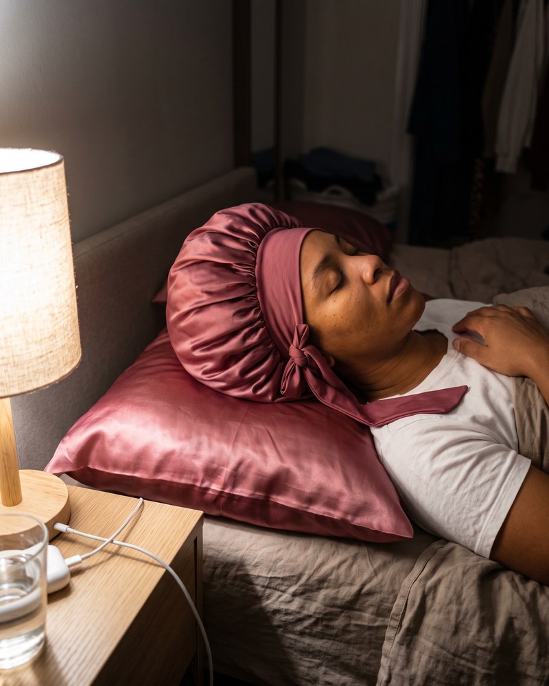 A woman with 4a coils sleeps in the satin bonnet on a satin pillowcase by lamp light.