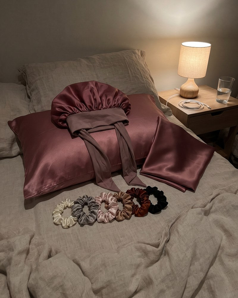 The night kit on a satin pillowcase by lamp light: the satin bonnet, the pillowcase pair and six scrunchies.