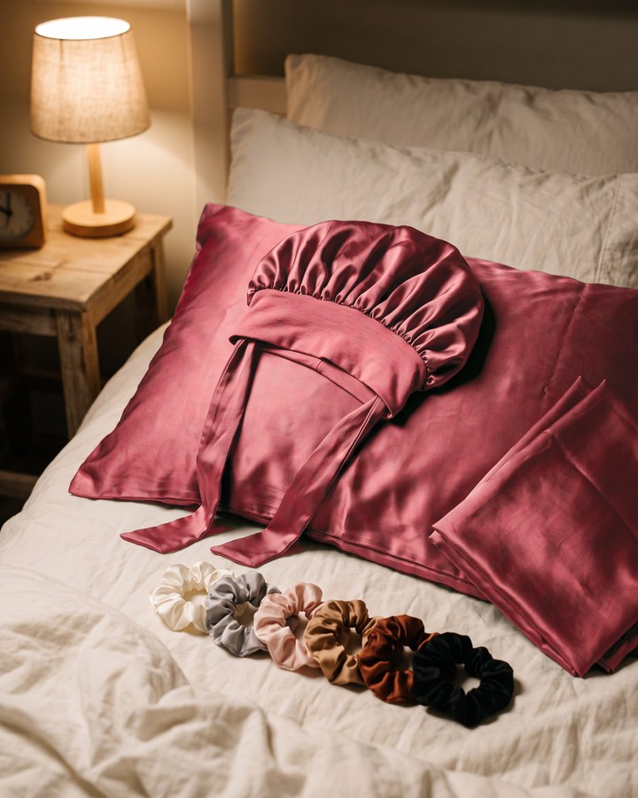 The night kit on a satin pillowcase by lamp light: the satin bonnet, the pillowcase pair and six scrunchies.