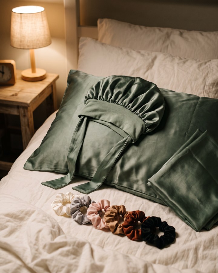 The night kit on a satin pillowcase by lamp light: the satin bonnet, the pillowcase pair and six scrunchies.