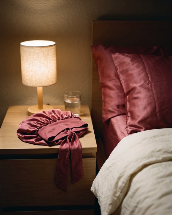 The satin bonnet folded on a nightstand by lamp light, satin pillowcases on the bed.