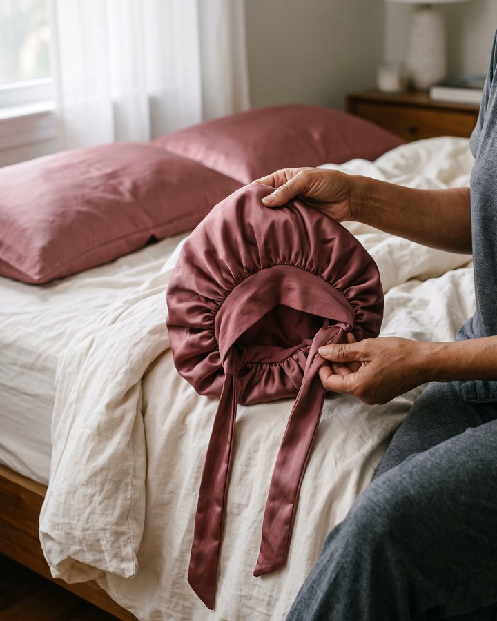 Hands hold the untied satin bonnet in morning light.