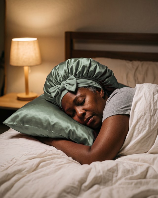 A woman with 4a coils sleeps in the satin bonnet on a satin pillowcase by lamp light.