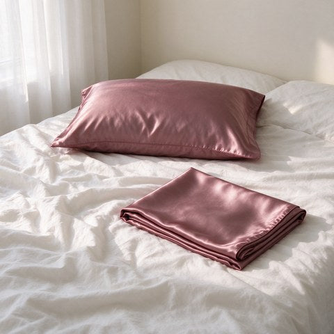 The satin pillowcase pair on a made bed in morning light.