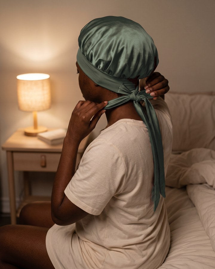 A woman with 4c hair ties the satin bonnet at her nape by lamp light, seen from behind.