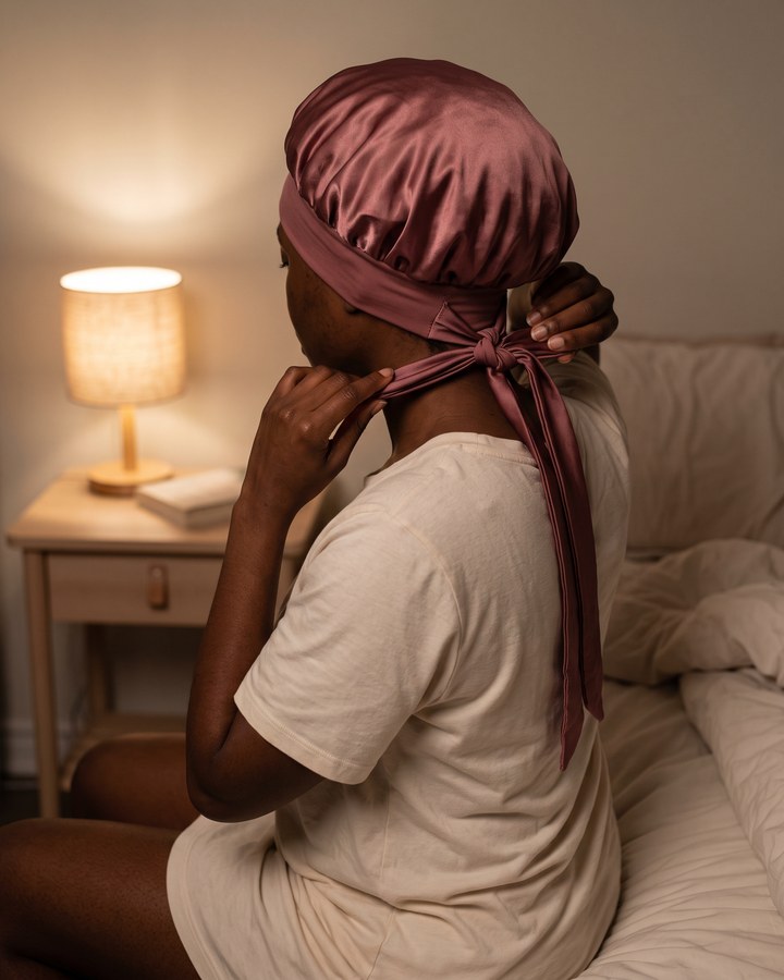 A woman with 4c hair ties the satin bonnet at her nape by lamp light, seen from behind.