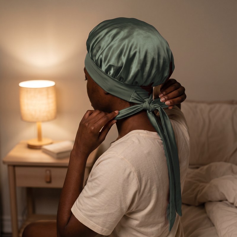 A woman with 4c hair ties the satin bonnet at her nape by lamp light, seen from behind.