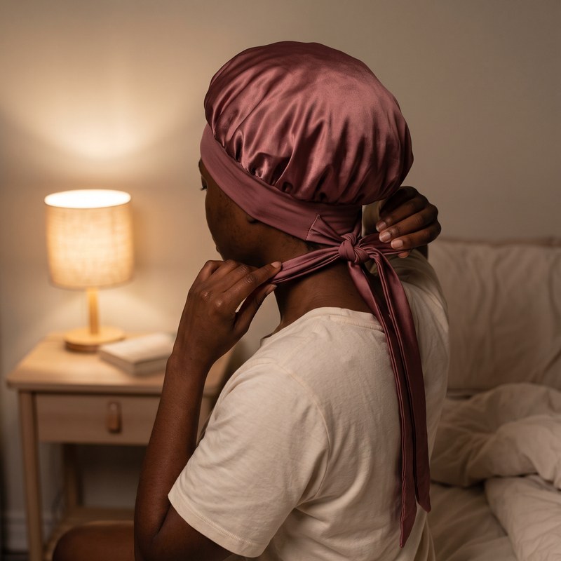 A woman with 4c hair ties the satin bonnet at her nape by lamp light, seen from behind.