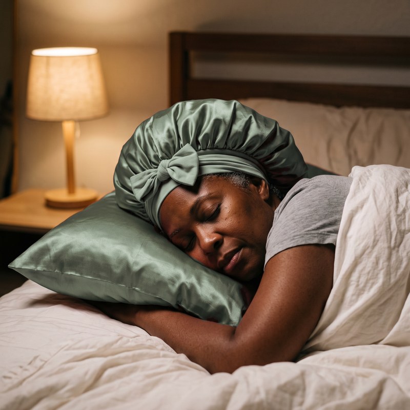 A woman with 4a coils sleeps in the satin bonnet on a satin pillowcase by lamp light.