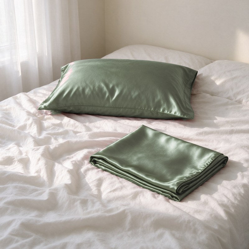 The satin pillowcase pair on a made bed in morning light.