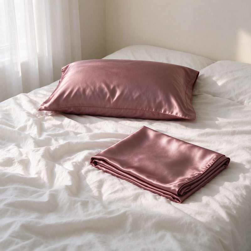 The satin pillowcase pair on a made bed in morning light.