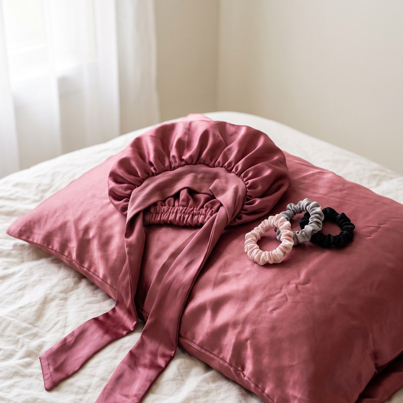The untied satin bonnet and satin scrunchies on a satin pillowcase in morning light.