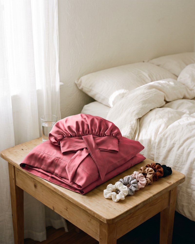 The night kit folded on a nightstand beside a made bed in morning light.
