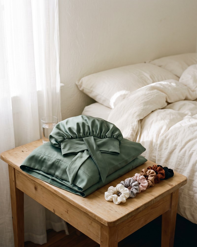 The night kit folded on a nightstand beside a made bed in morning light.