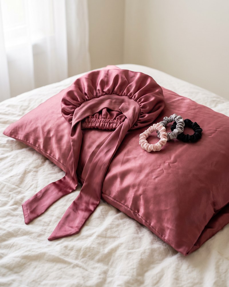 The untied satin bonnet and satin scrunchies on a satin pillowcase in morning light.