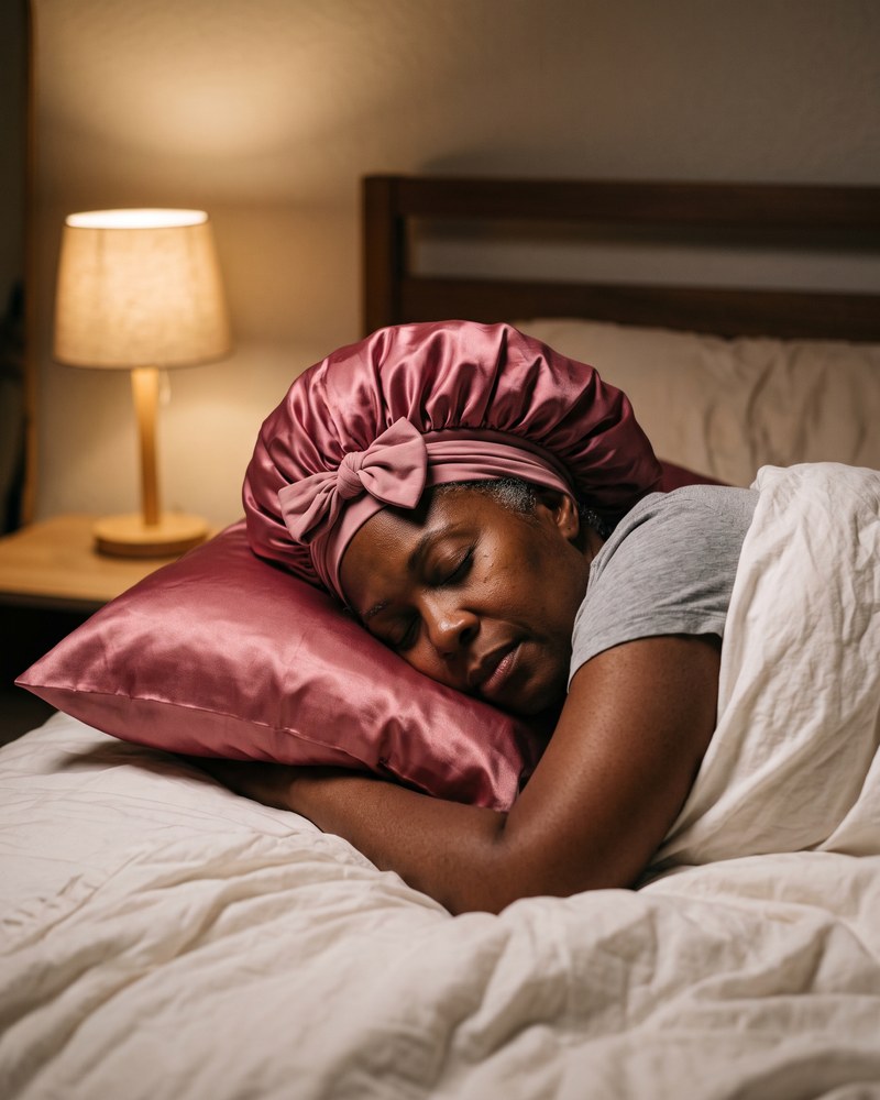 A woman with 4a coils sleeps in the satin bonnet on a satin pillowcase by lamp light.
